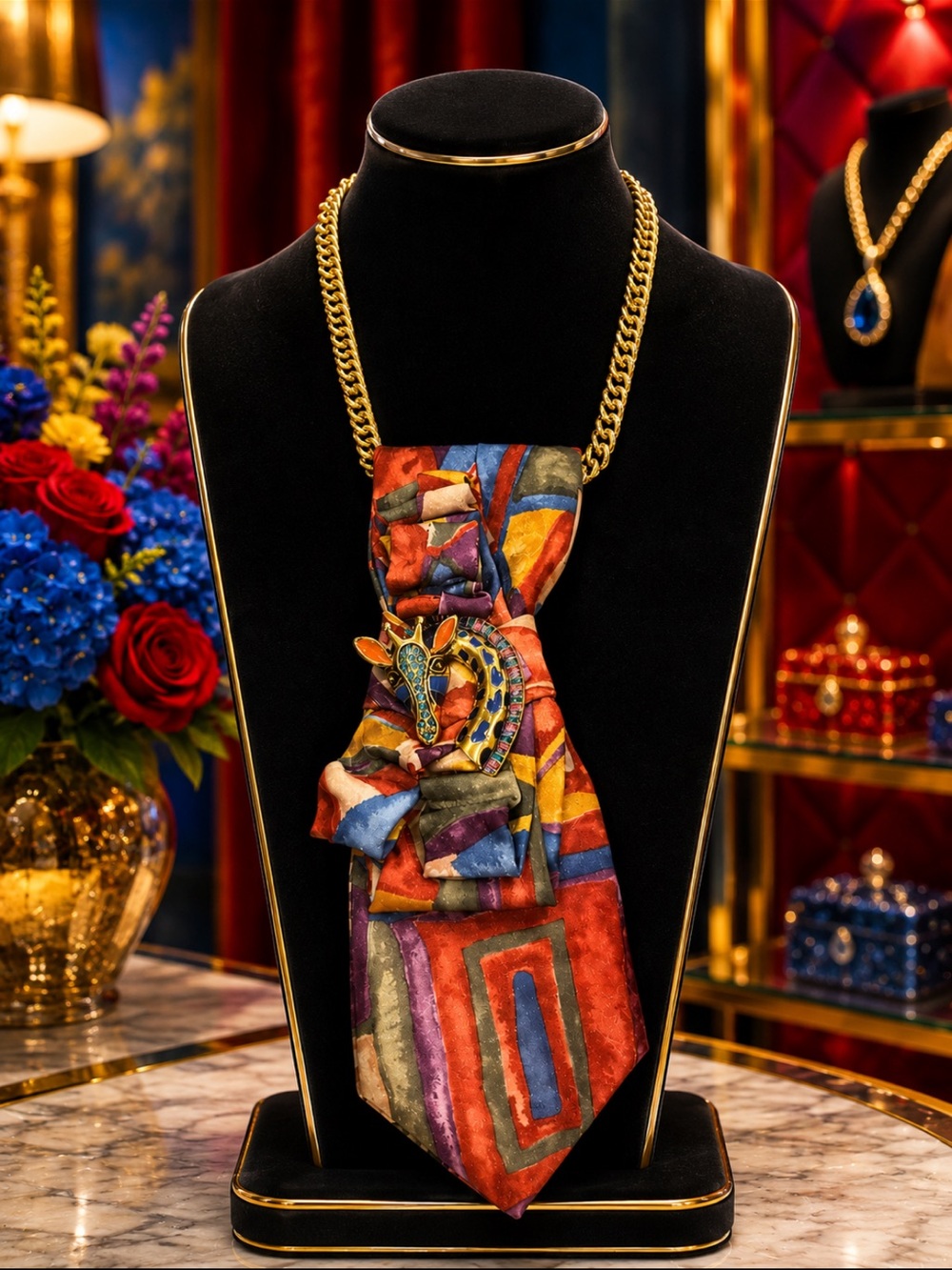 OOAK Handcrafted 100% Silk Tie Necklace Multicolor Giraffe Wearable Art NWOT